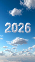 Clear blue sky with white clouds forming the number 2026 at the bright daylight
