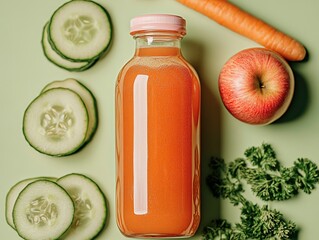 A bottle of juice with sliced apples, carrots, and cucumbers on a light green background, minimalist food style ideal for healthy beverage advertising and packaging design.