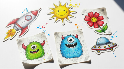 Colorful dusty stickers featuring a rocket, sun, flower, and monsters isolated on a white background with playful shadows and whimsical designs