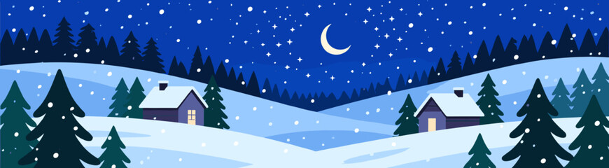Obraz premium Snowy landscape with houses under starry sky