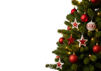 Festively decorated christmas tree with red ornaments and star decorations