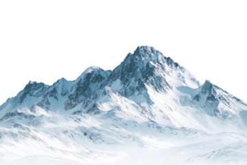A snow-capped mountain range isolated against a transparent background, detailed and textured