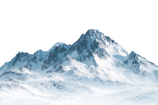 A snow-capped mountain range isolated against a transparent background, detailed and textured - Powered by Adobe