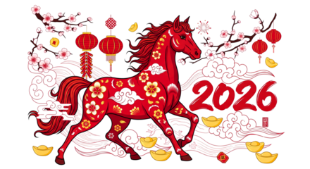 Vibrant red horse illustration celebrating the year of the horse 2026