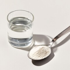Glass of water and spoonful of powder on white