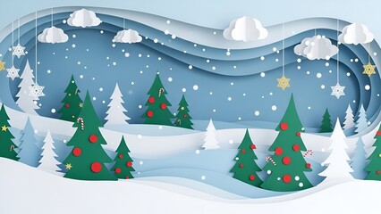 Naklejka premium “Winter Festive Paper Art Scene – Christmas Greeting Background
