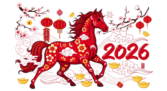 Vibrant red horse illustration celebrating the year of the horse 2026