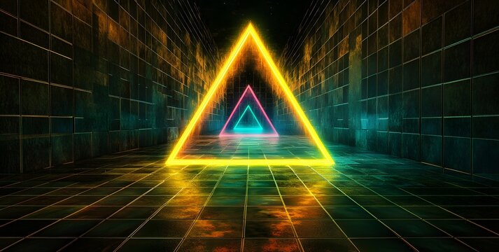Vibrant neon triangular portals glowing with yellow orange and pink light create a futuristic tunnel effect with reflections on a wet floor - Powered by Adobe