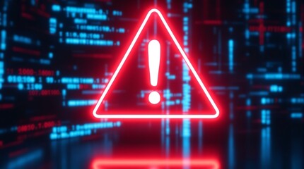Red neon warning sign on digital background for cyber security alert and system error concept design