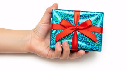 Small gift wrapped in blue foil with red ribbon held in hand