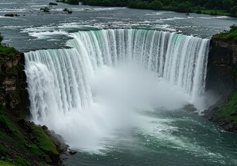 Vast horseshoe-shaped cascade, massive volume of water plunging into the basin below, creating a misty cloud and powerful roar ,powerful ,nature ,natural beauty