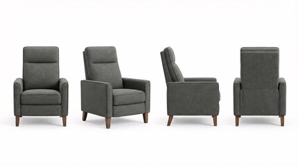 Modern gray recliner chair displayed from multiple angles perfect for furniture design and interior decorating