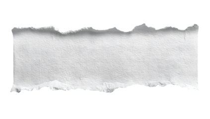 A single piece of torn white paper with rough jagged edges isolated on transparent background for graphic design elements