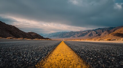 A long, empty road with a yellow line down the middle. The sky is cloudy and the mountains in the background are covered in snow