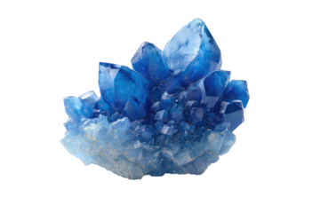 Vivid blue crystal cluster glows against black. Detailed facets and various tones create depth