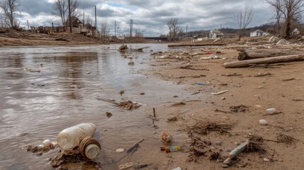 Obraz premium A riverbank shows debris and litter including plastic bottles and logs near a city. The cloudy sky indicates ongoing weather changes after a recent storm.