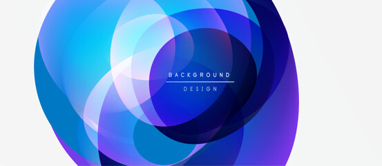 Abstract circles overlap, creating vibrant blue, purple hues. Text reads background design within central shape. Modern, dynamic composition.