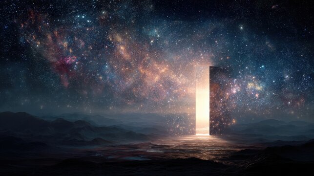 A large, glowing, open doorway in the middle of a vast, starry sky. The sky is filled with stars of various sizes and colors, creating a sense of wonder and awe