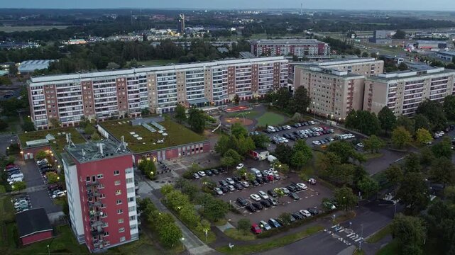 Aerial over modern residential apartment buildings in the Andersberg housing society, Halmstad, Sweden.