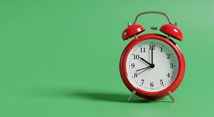 Vintage Red Alarm Clock Showing Ten O'Clock Against a Modern Bright Green Studio Background: Deadline, Time Management, and Punctuality Concept with Ample Copy Space.