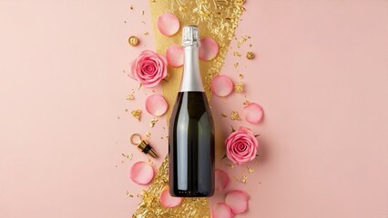 Champagne bottle with pink roses and gold foil on pink background. Festive flat lay for romantic celebration or special event with copy space