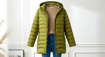 Olive green hooded puffer jacket with beige sweater and jeans