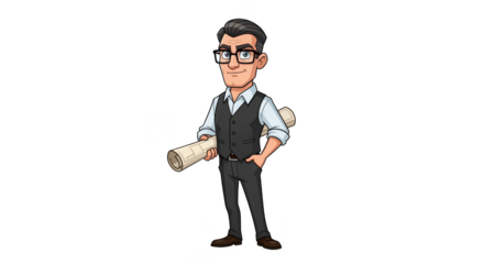 Cartoon architect with plans confident expression