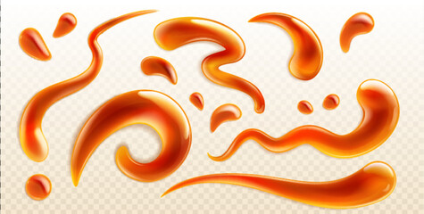 Liquid caramel splashes set isolated on transparent background. Vector realistic illustration of sweet toffee syrup drips, sticky maple sauce drops and stains, honey or peanut topping for dessert