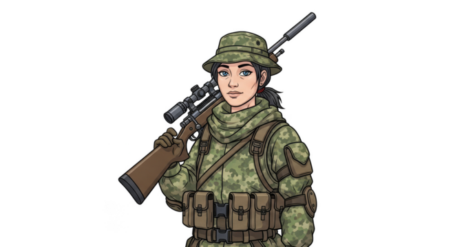 Camouflaged sniper carrying a rifle