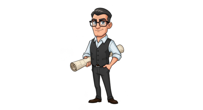 Cartoon architect with plans confident expression
