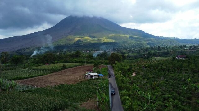 Aerial view of Mount Sinabung volcano in Karo, Indonesia