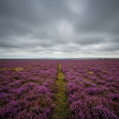 Vast moorland expanse blanketed in vibrant purple heather under a crisp autumn sky. Evokes peaceful wilderness and seasonal beauty ,rugged ,nature ,peaceful