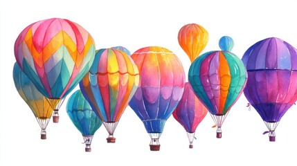 Obraz premium A series of colorful hot air balloons are floating in the sky. The balloons are of various sizes and colors, creating a vibrant and lively scene. Concept of joy and freedom