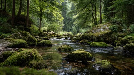 Fototapeta premium A stream of water flows through a forest with moss growing on the rocks. The water is clear and calm, and the surrounding trees create a peaceful and serene atmosphere