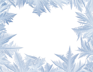 Frosty crystals border a dark, jagged, abstract shape