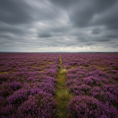 Vast moorland expanse blanketed in vibrant purple heather under a crisp autumn sky. Evokes peaceful wilderness and seasonal beauty ,vibrant ,expanse ,peaceful