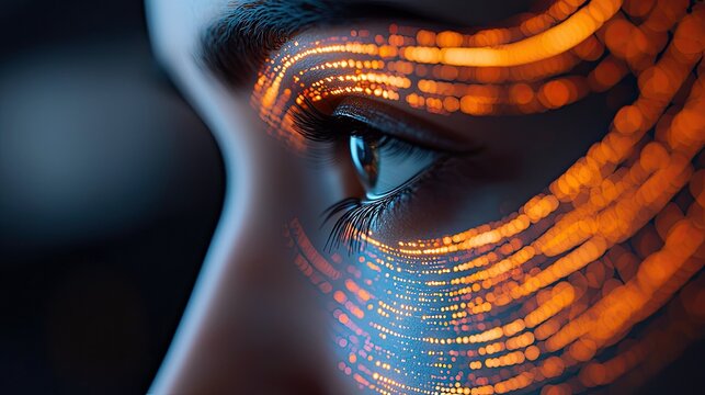 Close-up of a woman's eye with digital data streams glowing around it, representing technology and futuristic concepts. - Powered by Adobe