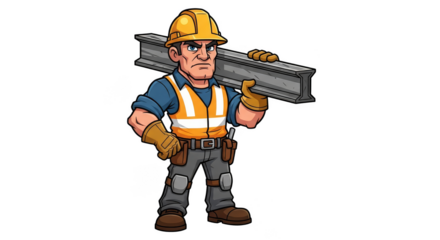 Cartoon construction worker carrying steel beam