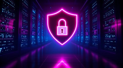 Cyber security data protection concept with glowing shield and padlock in a server room environment
