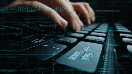 This close-up image captures hands typing on a keyboard, surrounded by lines of code and digital...