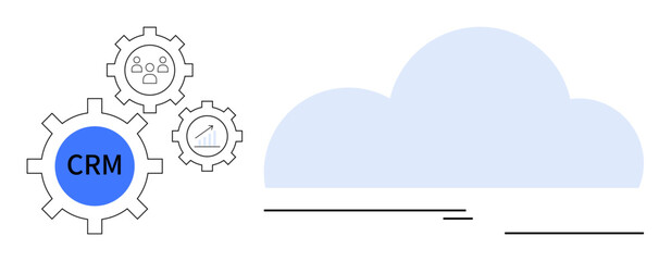 Gears labeled CRM, analytics, and customer icons connecting to a cloud, symbolizing data management, automation, and integration. Ideal for business, technology, collaboration organization
