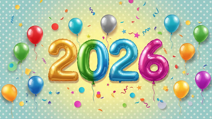 Get ready to celebrate 2026 with colorful balloon decorations and confetti, perfect for New Year's Eve parties and festive event promotions