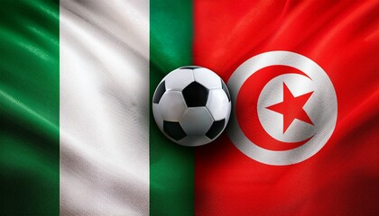 soccer ball between nigeria and tunisia flag on each side background
