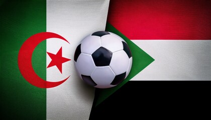 soccer ball between algeria and sudan flag on each side background