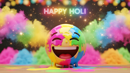 Colorful emoji celebrating Holi festival surrounded by vibrant powder piles creates a joyful and festive atmosphere, perfect for greeting cards and social media posts.