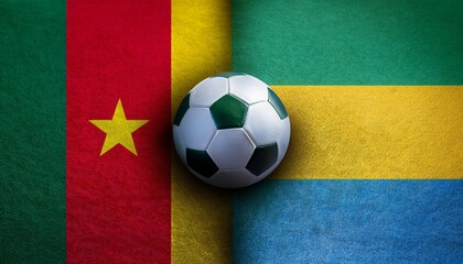 soccer ball between cameroon and gabon flag on each side background