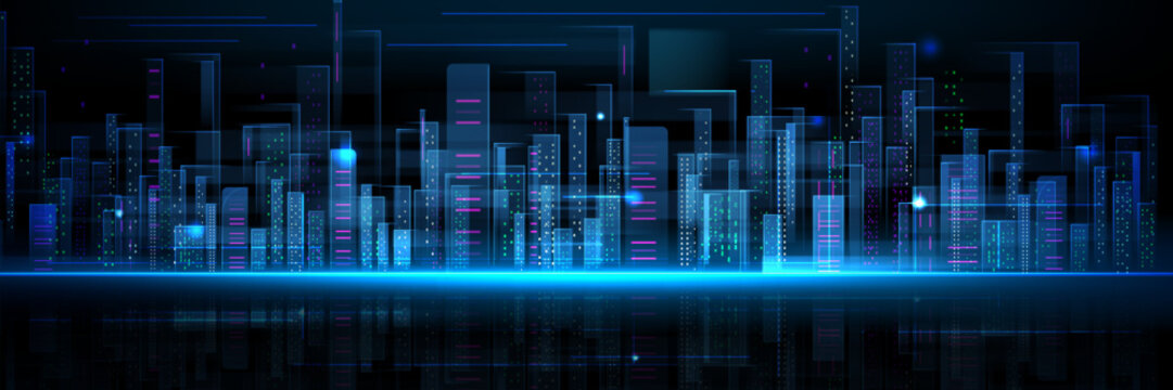 Futuristic city skyline with glowing digital network and neon lights. Abstract tech background with smart buildings, data visualization, cyberpunk architecture and blue holographic city elements.