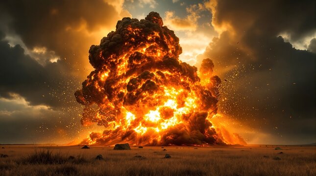 Large explosion fire ball cloud mushroom cloud destruction war zone danger disaster fiery blast powerful 100