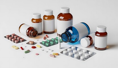 Assorted pharmaceutical bottles and blister packs of pills medicine tablets