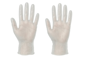 Pair of transparent disposable vinyl or latex medical gloves for hygiene and protection on a transparent background